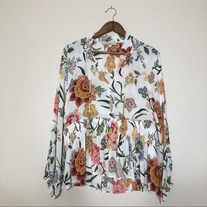 Loft white floral tunic top flowy peplum pleating